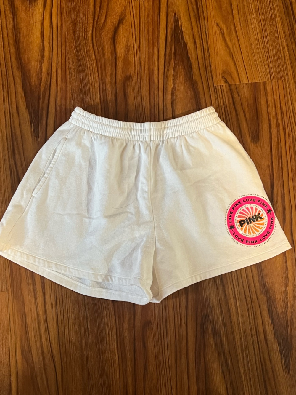 PINK Victoria's Secret White Lounge Shorts with Pink & Orange Patch